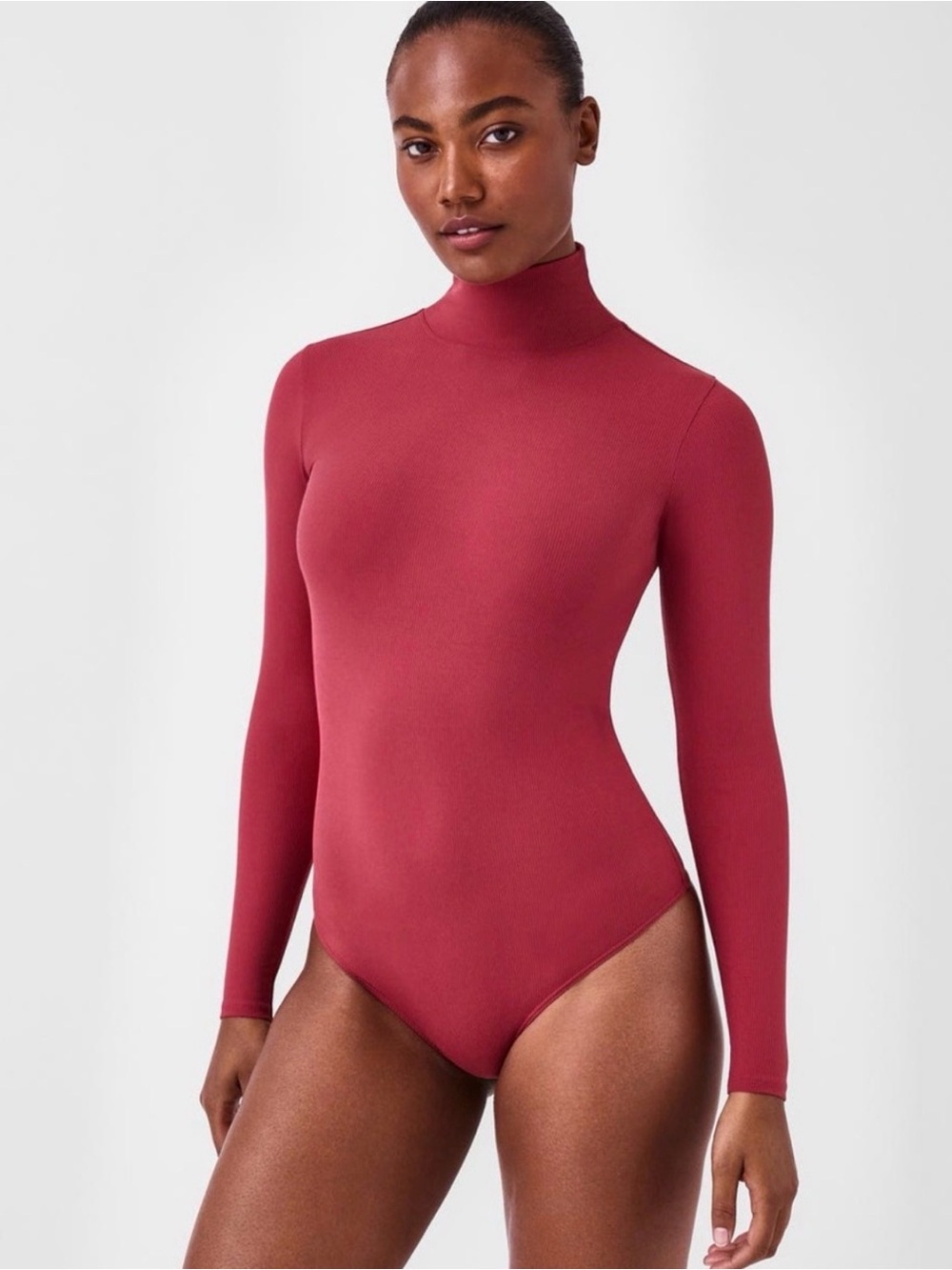 SPANX Long-Sleeve Mock Neck Bodysuit in Rose Red Sz S